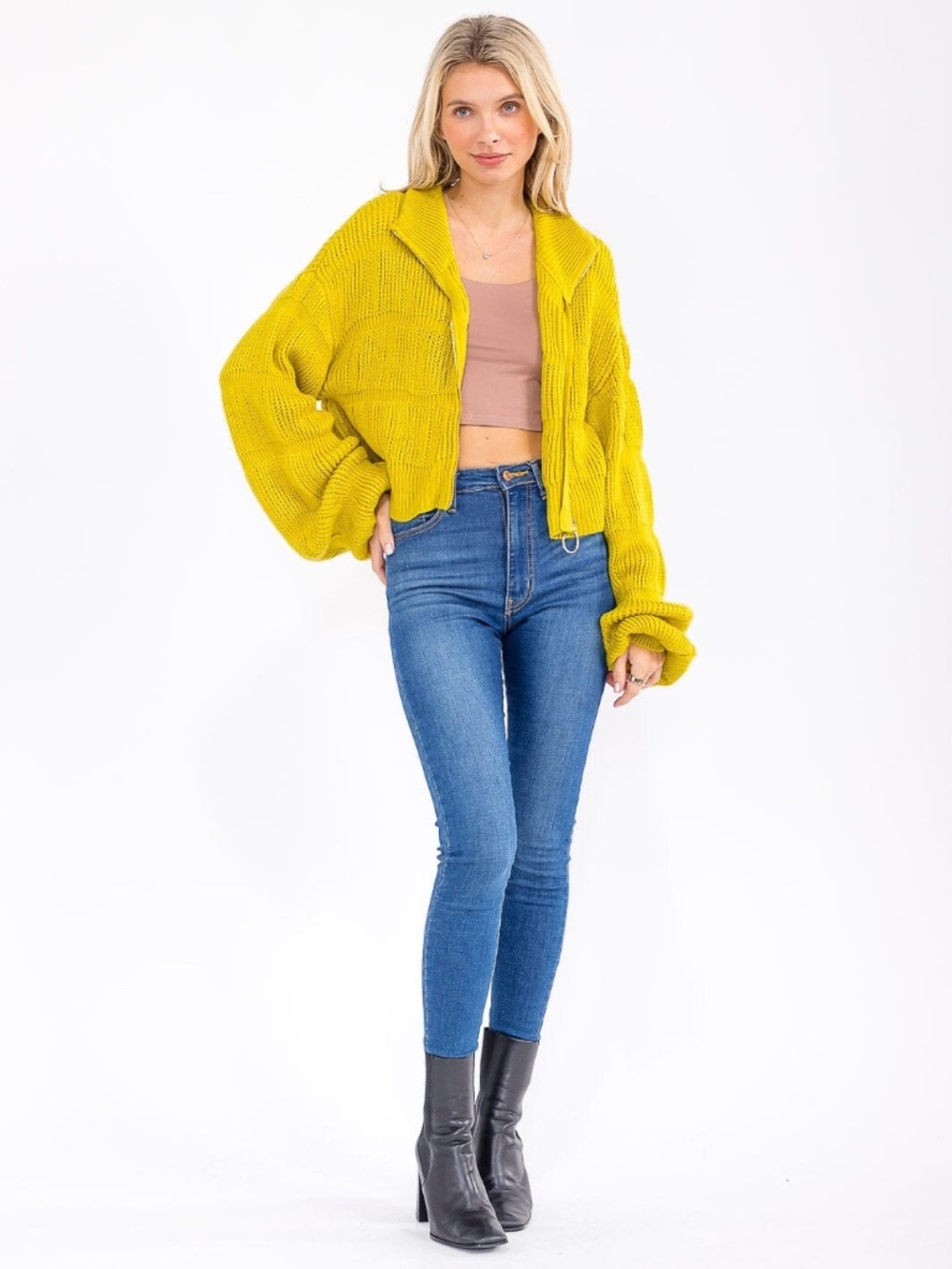 "HERA COLLECTION" WOMEN'S LONG PUFF SLEEVE ZIPPER CLOSURE KNIT SWEATER